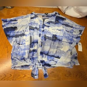 NWT Alfani Woman 3X Blue & White Abstract Print Sheer Blouse Top